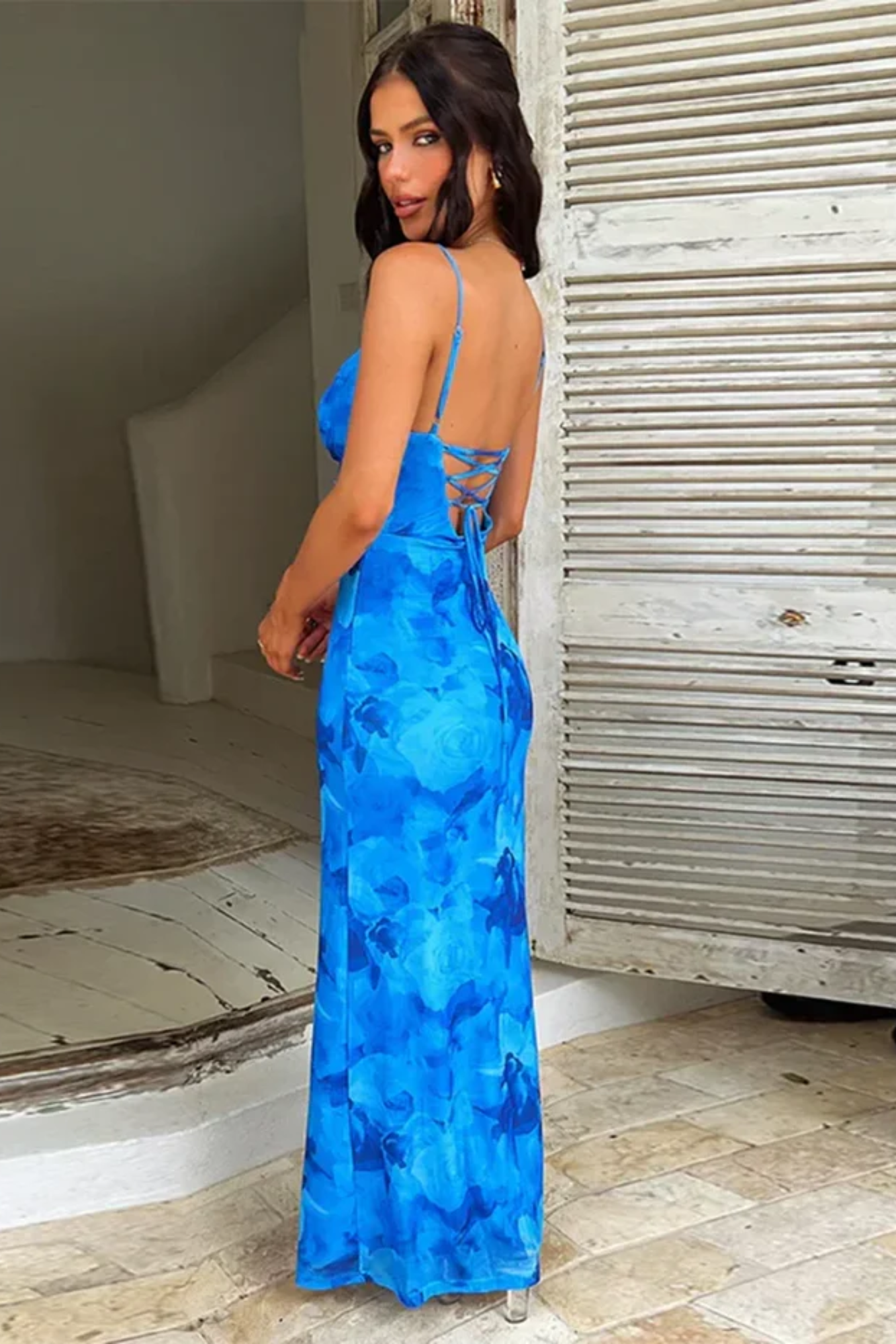 Averra™ | Elegant Sapphire Bloom Cowl Neck Maxi Dress