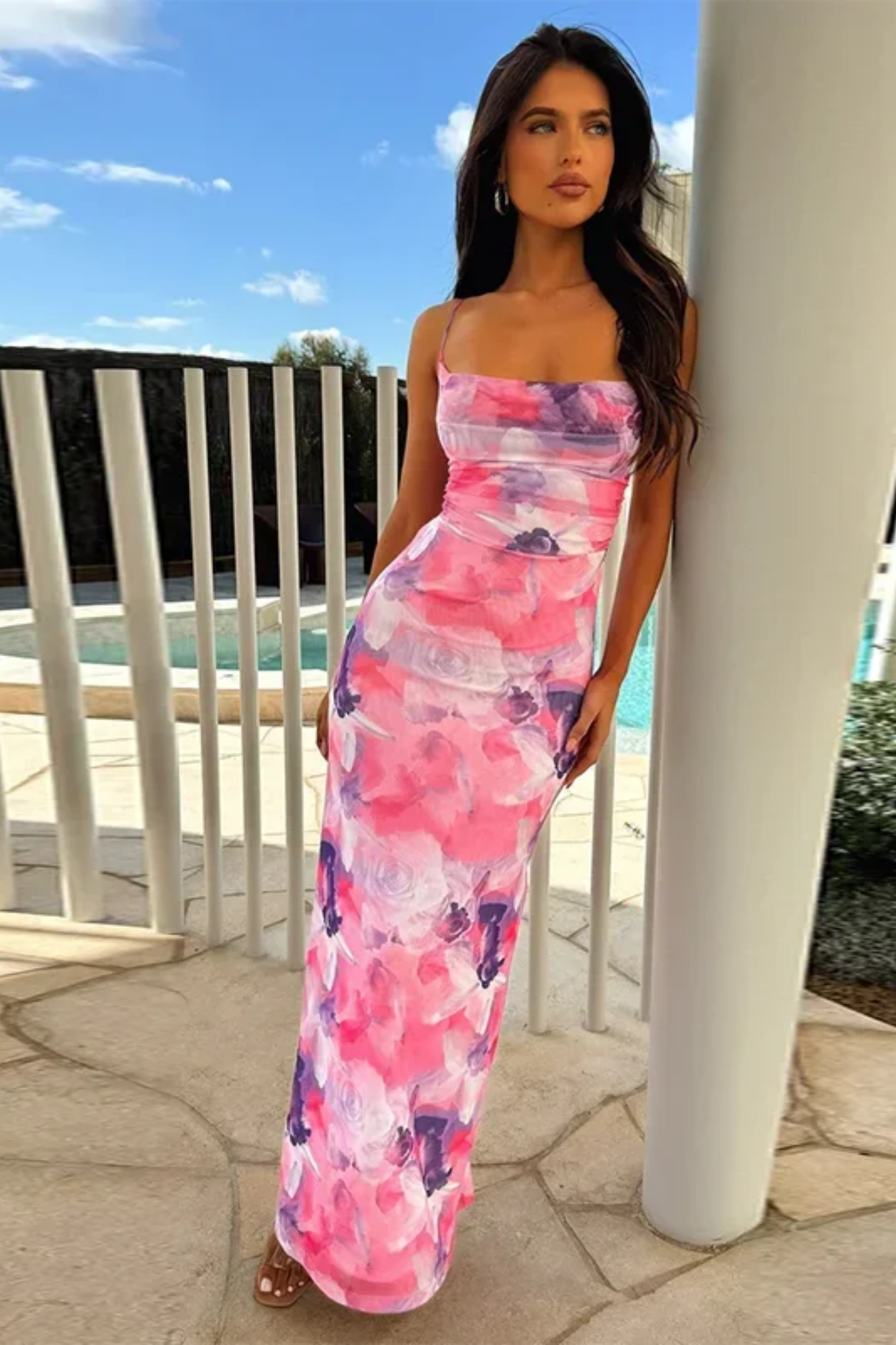 Averra™ | Elegant Sapphire Bloom Cowl Neck Maxi Dress