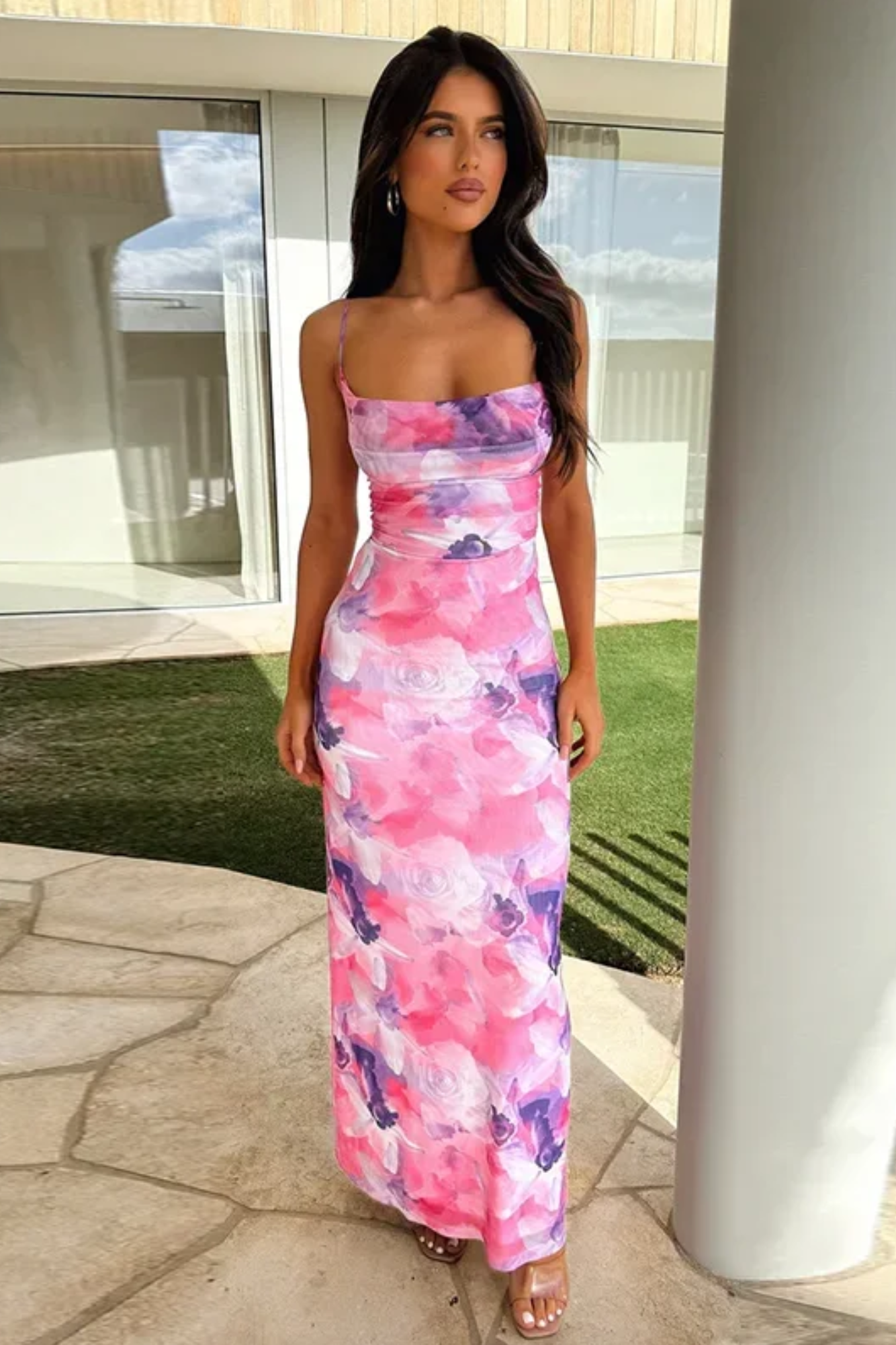 Averra™ | Elegant Sapphire Bloom Cowl Neck Maxi Dress