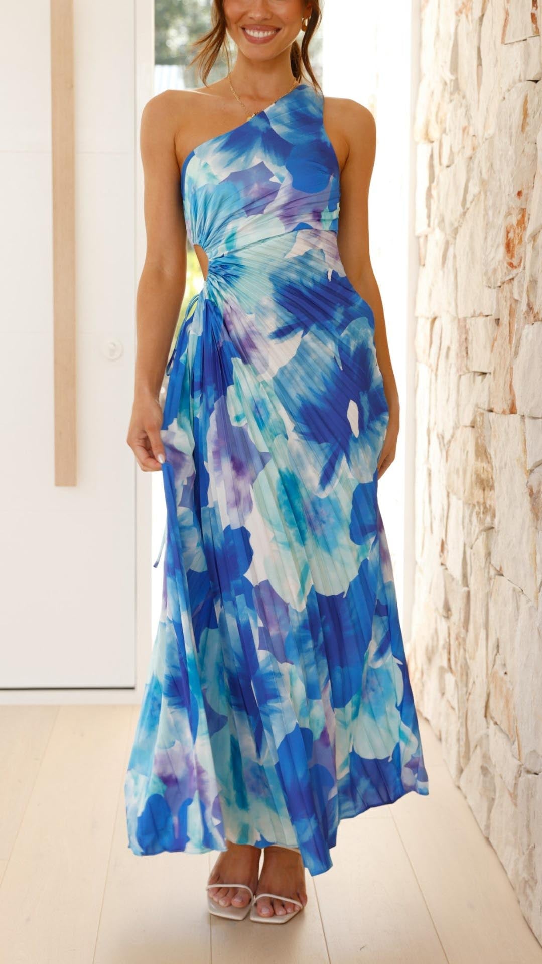 Averra™ | Floral Pleated One Shoulder Maxi Dress