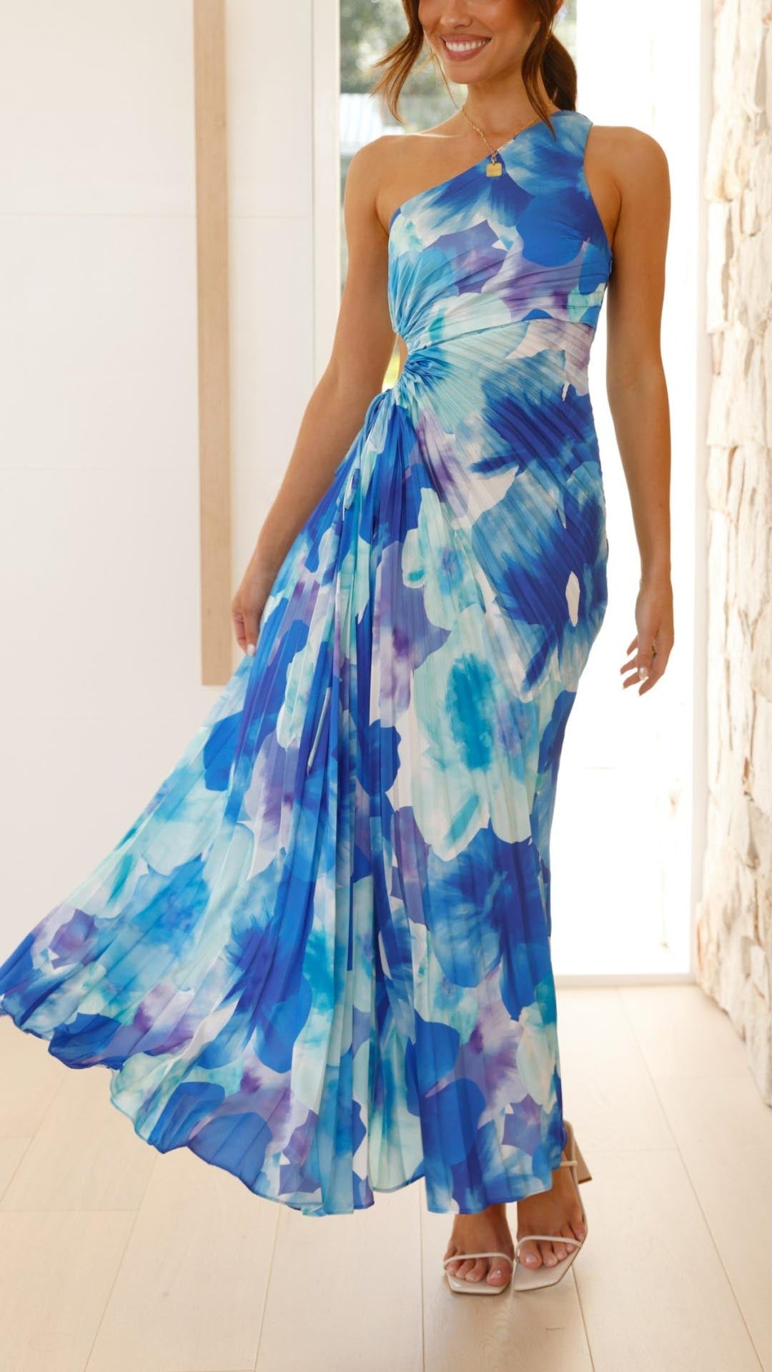 Averra™ | Floral Pleated One Shoulder Maxi Dress