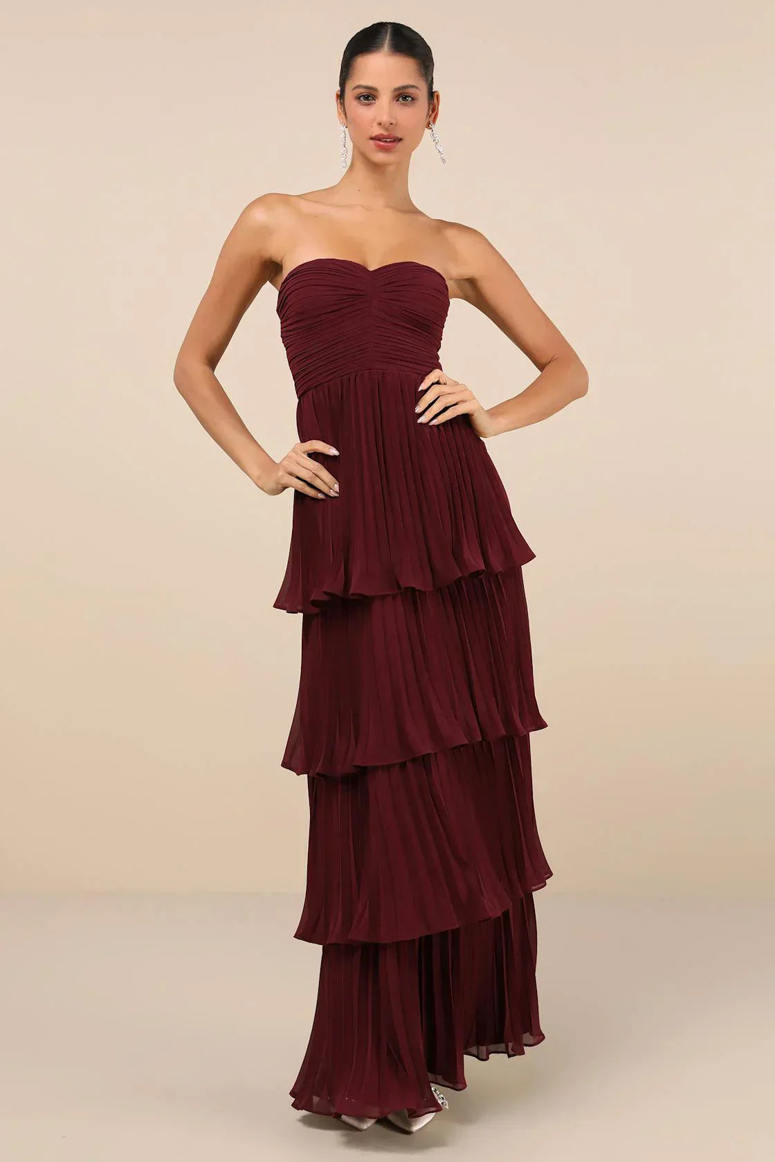 Averra™ | Burgundy Rich Strapless Tiered Dress