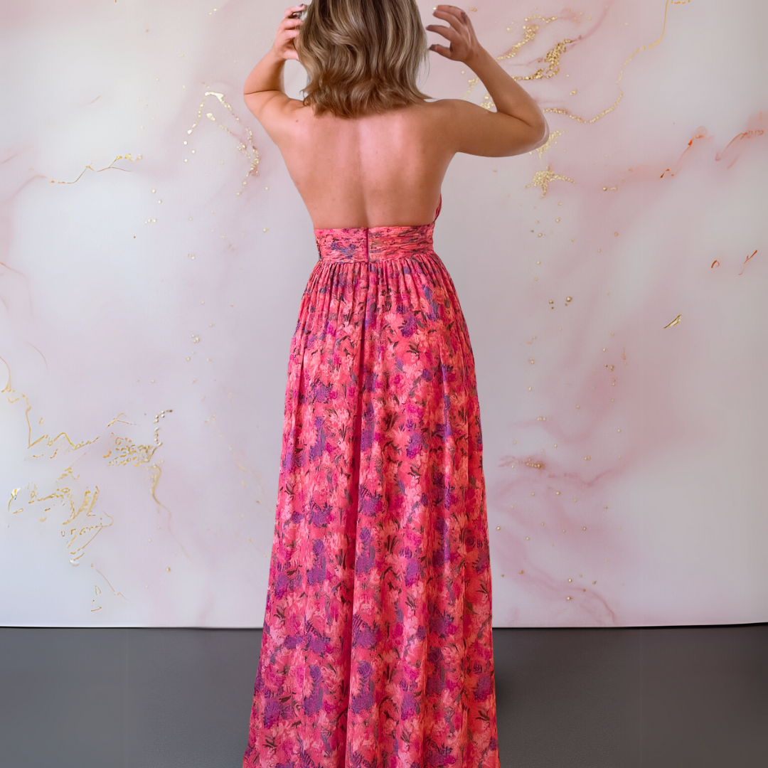 Averra™ | Elegant Red Floral Maxi Dress
