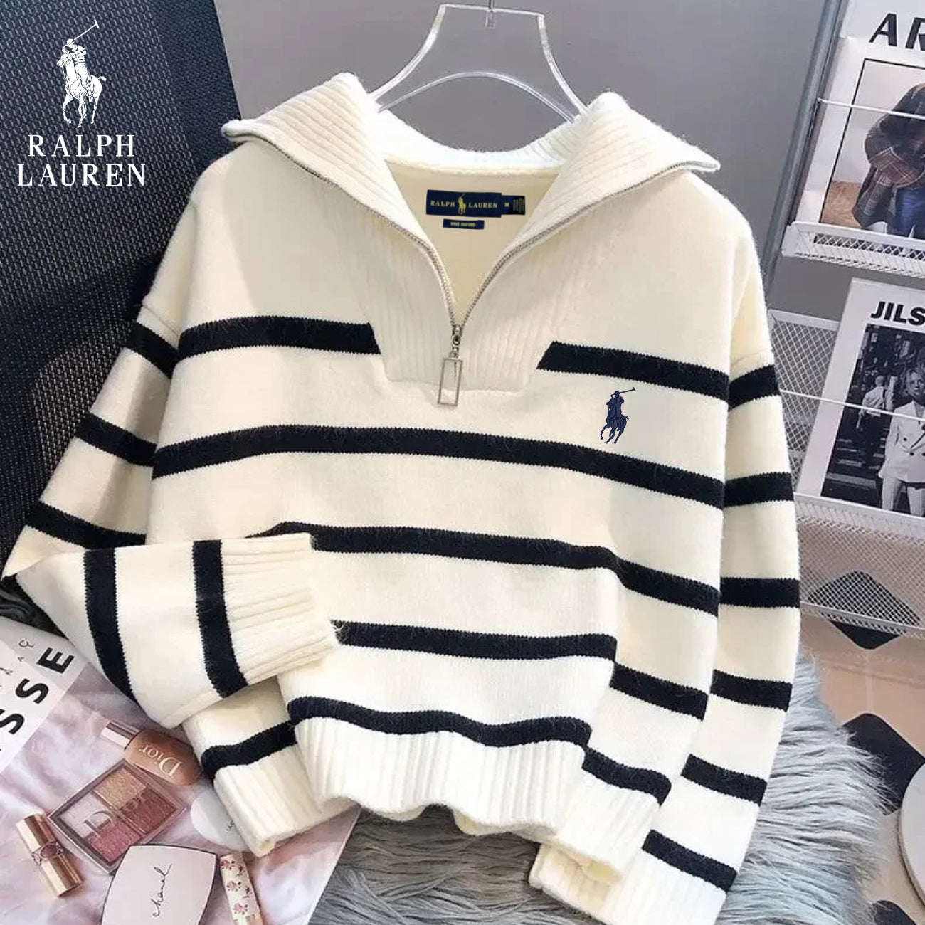 RL – Striped Quarter-Zip Sweater