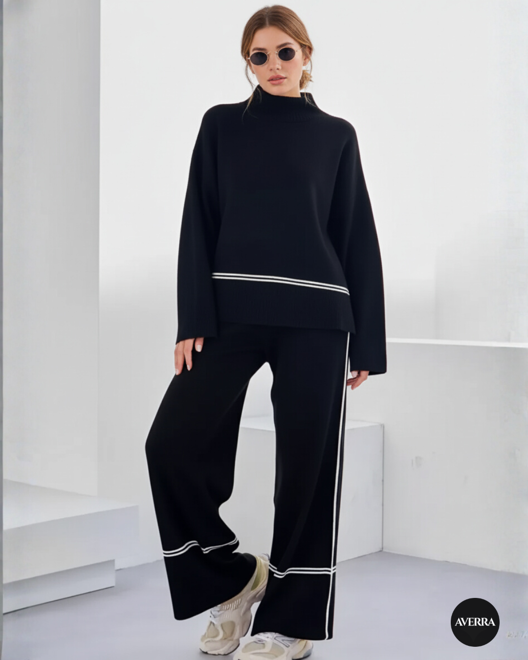 Averra Premium Knitwear Set – High-Neck Mullet Jumper & Relaxed Trousers