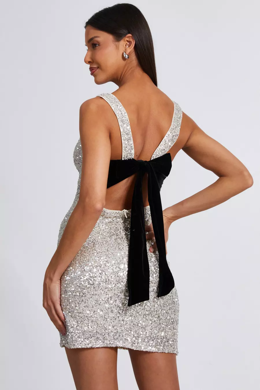 Averra™ | Silver Sequin Bow Mini Dress