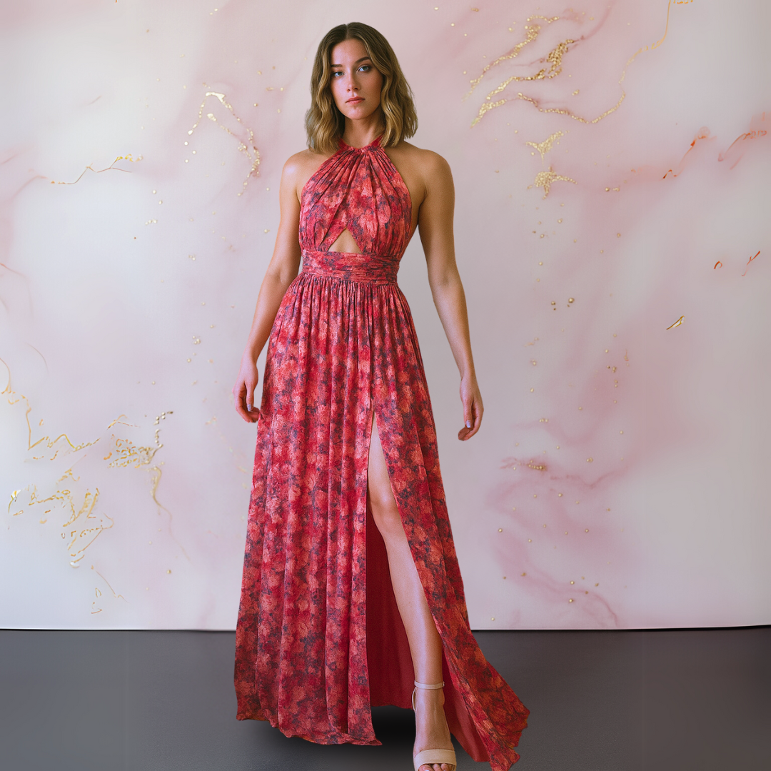 Averra™ | Elegant Red Floral Maxi Dress