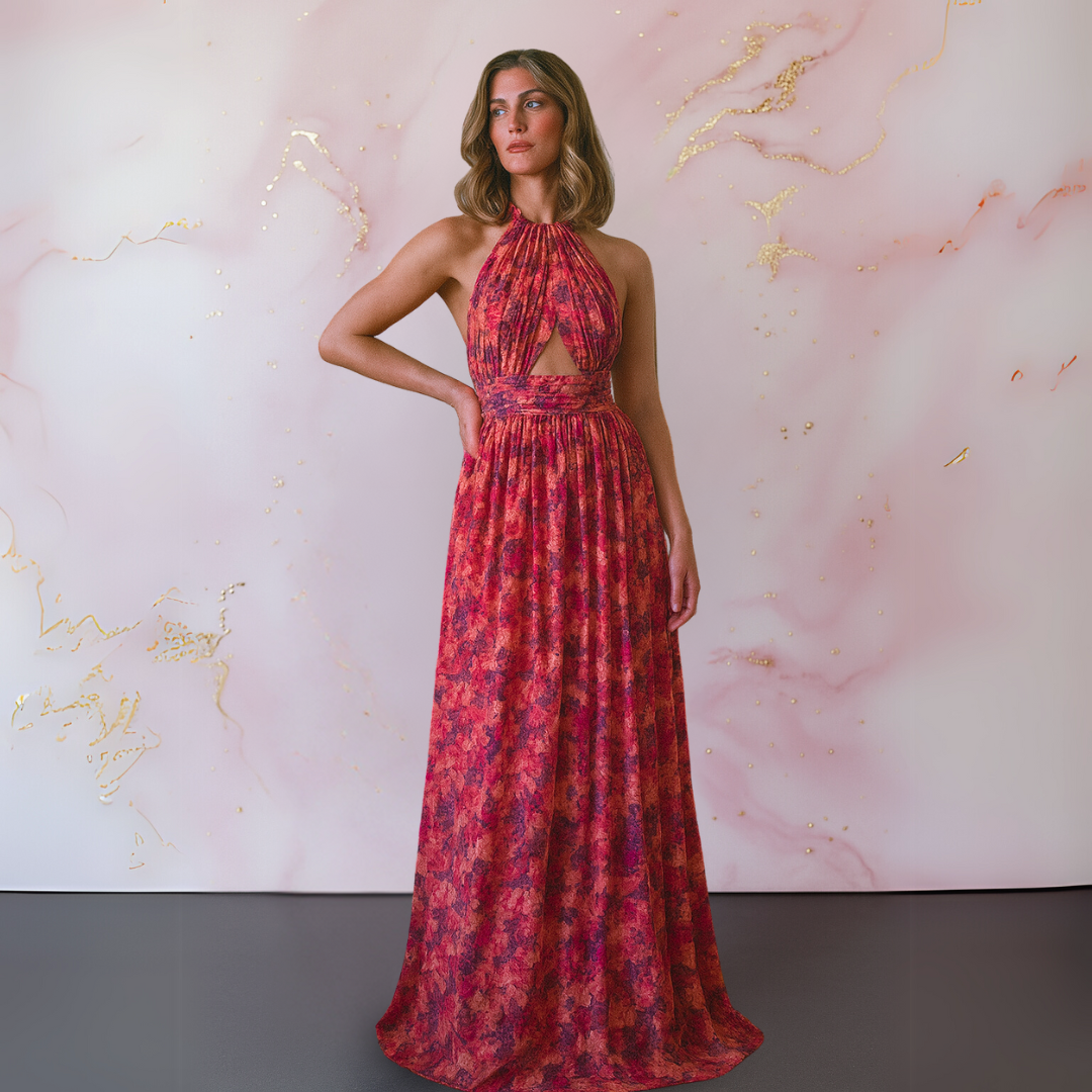 Averra™ | Elegant Red Floral Maxi Dress
