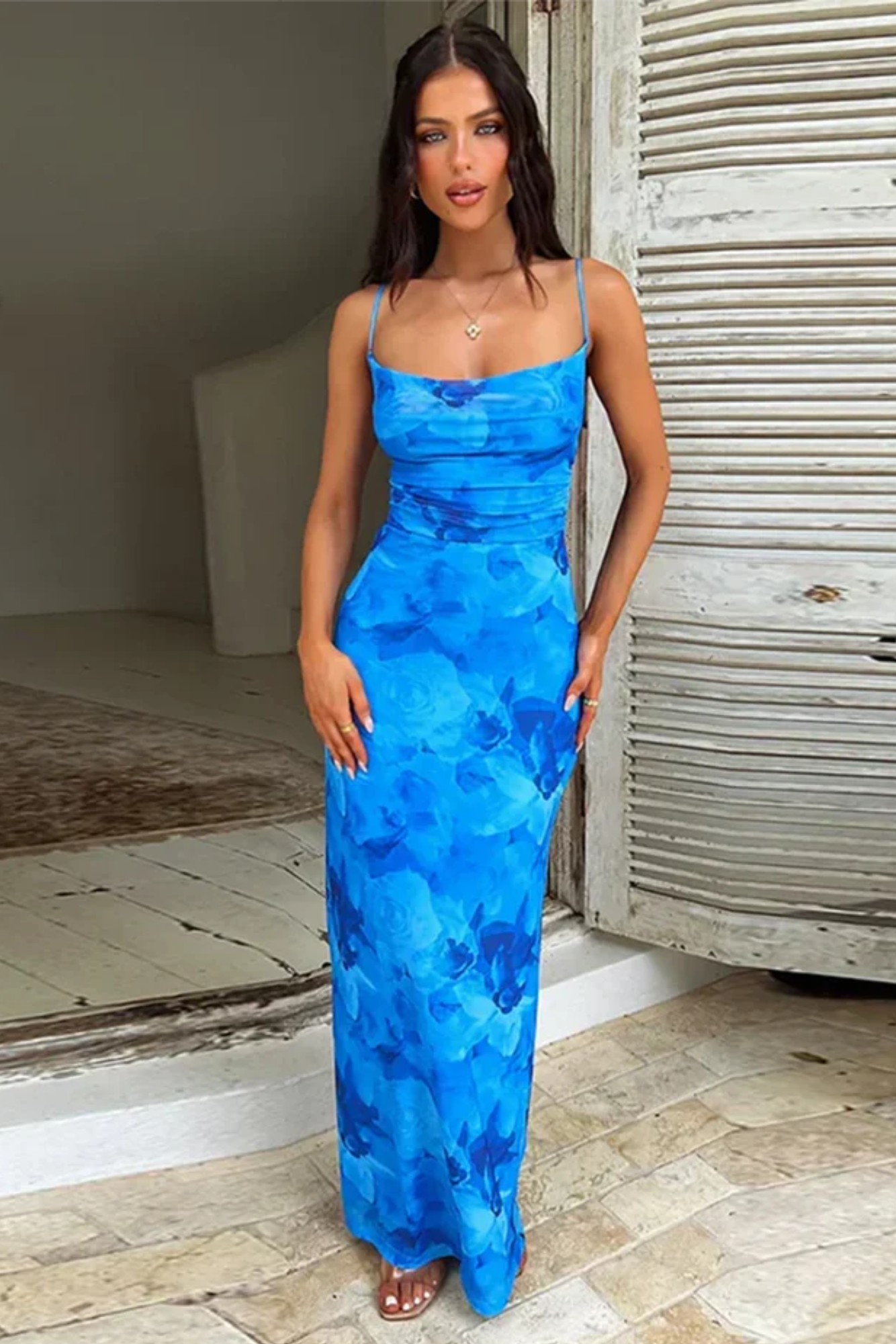Averra™ | Elegant Sapphire Bloom Cowl Neck Maxi Dress