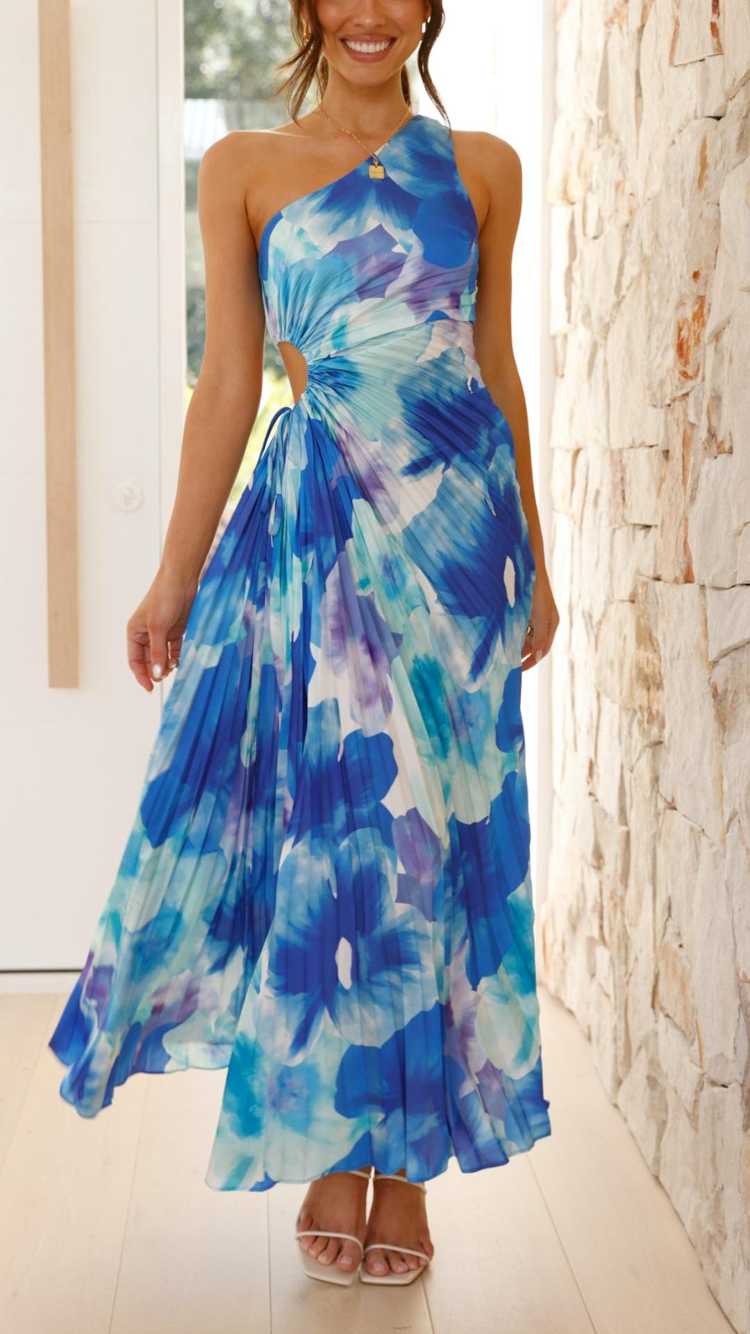 Averra™ | Floral Pleated One Shoulder Maxi Dress