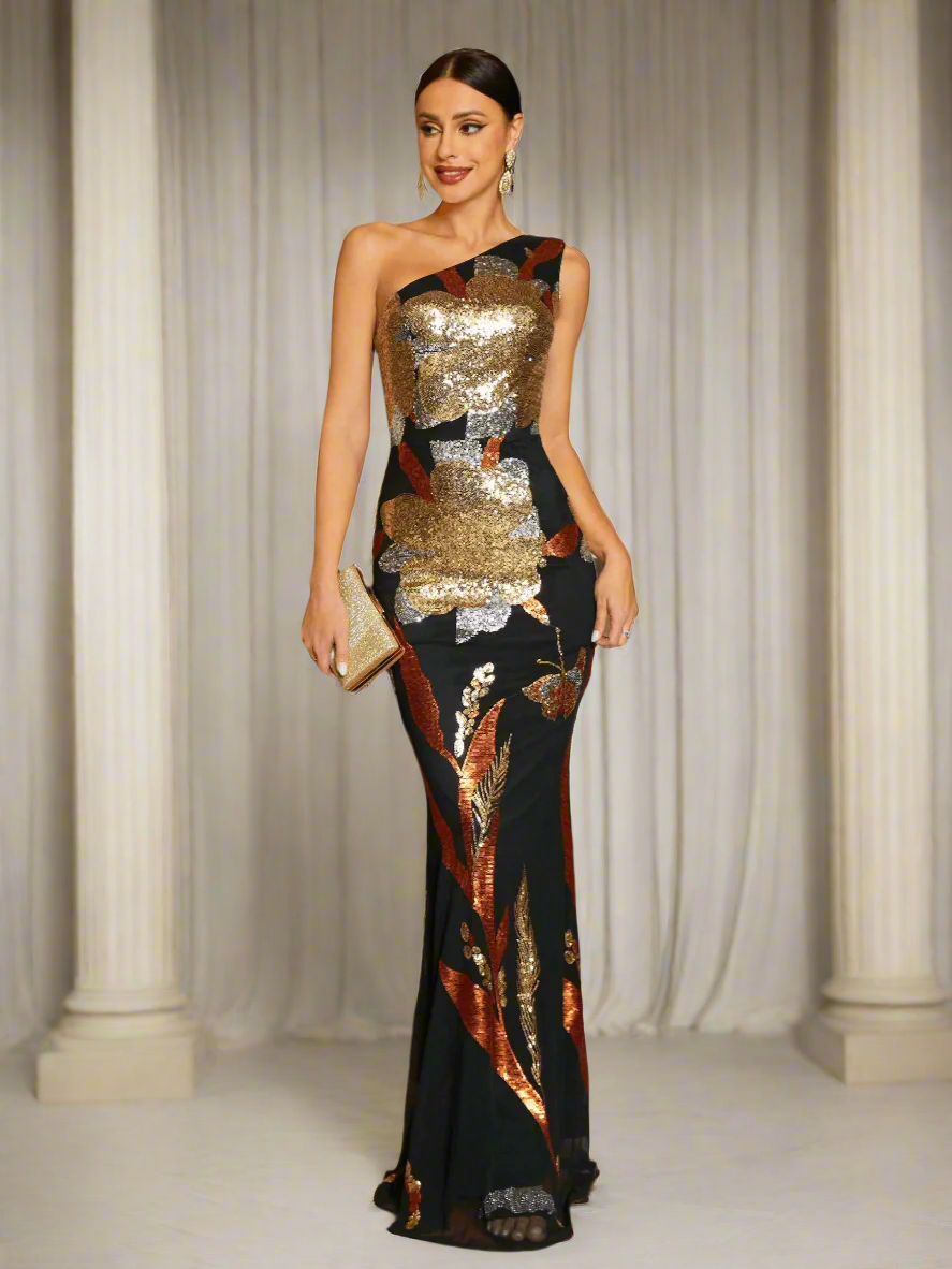 Averra™ | One Shoulder Floral Sequin Prom Dress