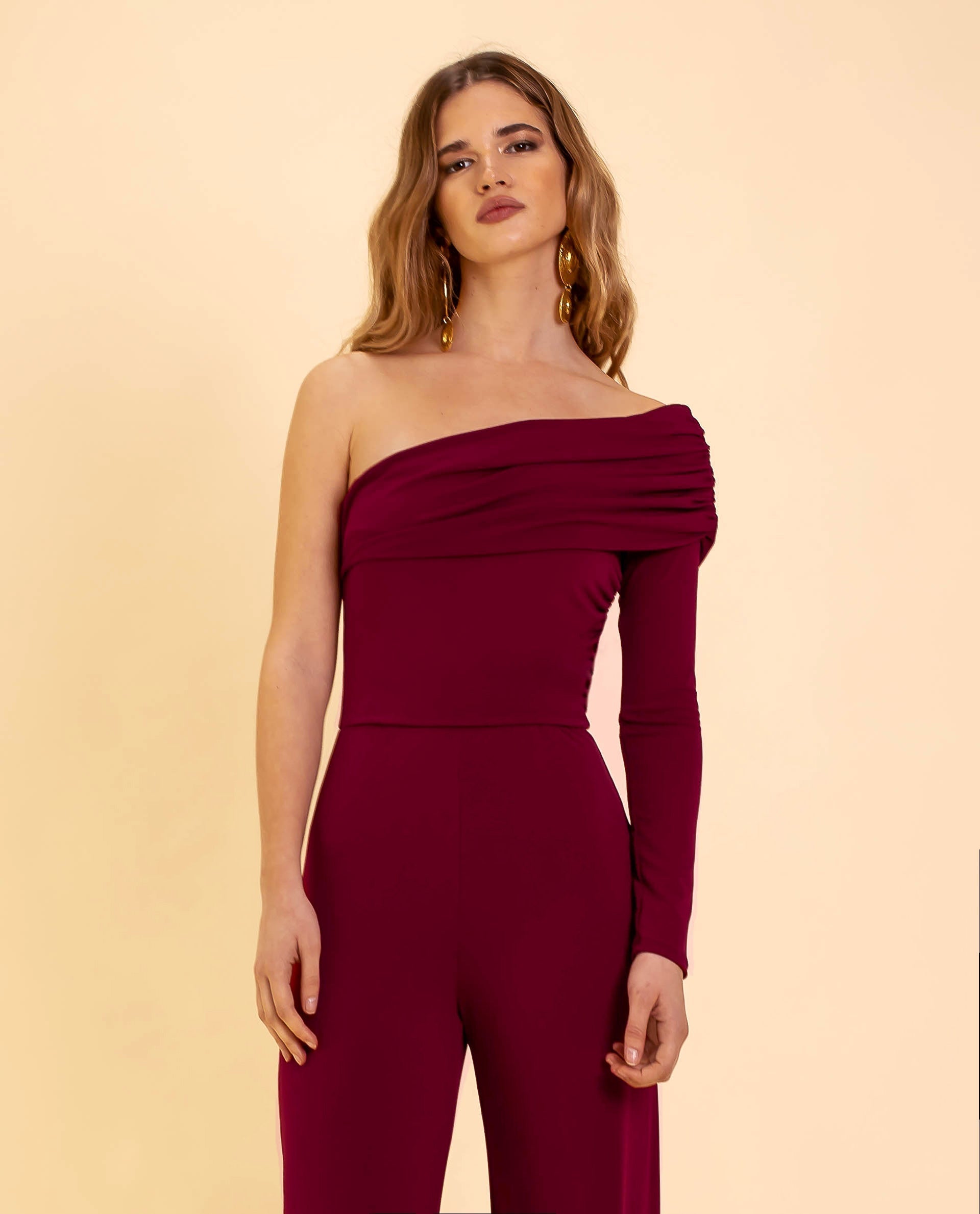 Averra™ | Burgundy One-Shoulder Jumpsuit